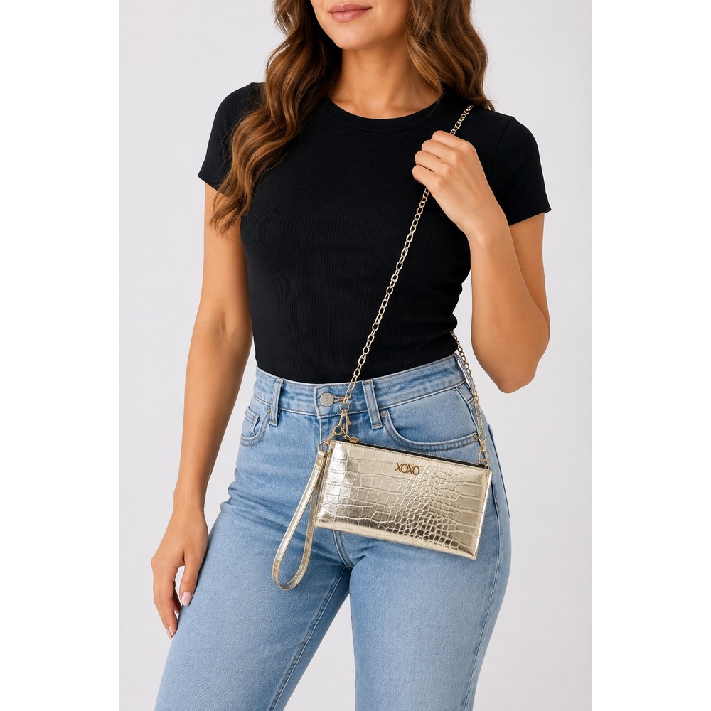 XOXO Womens Gold Crocodile Embossed Crossbody Wallet Wristlet Bag Gold Chain